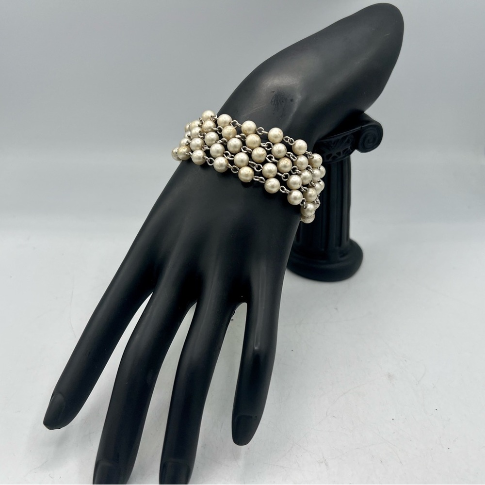 Vintage CORO multi strand silver & faux pearl bracelet 7”